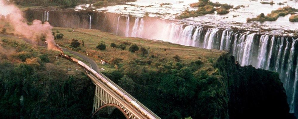 helicopter view of rovos around victoria falls.