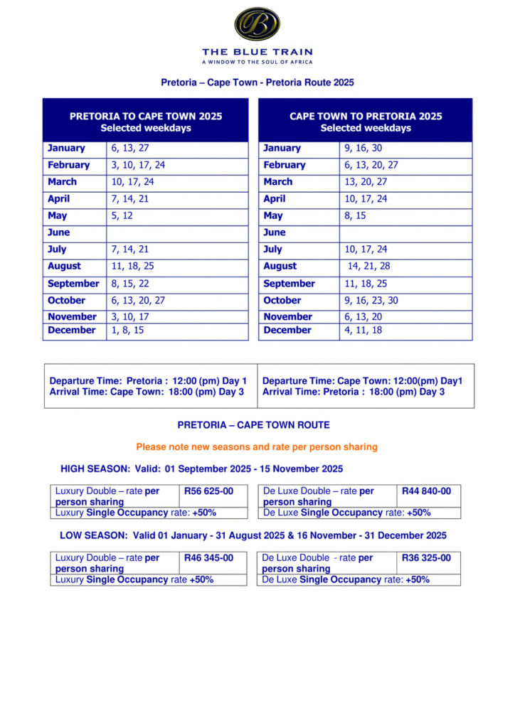 Blue Train Departure dates