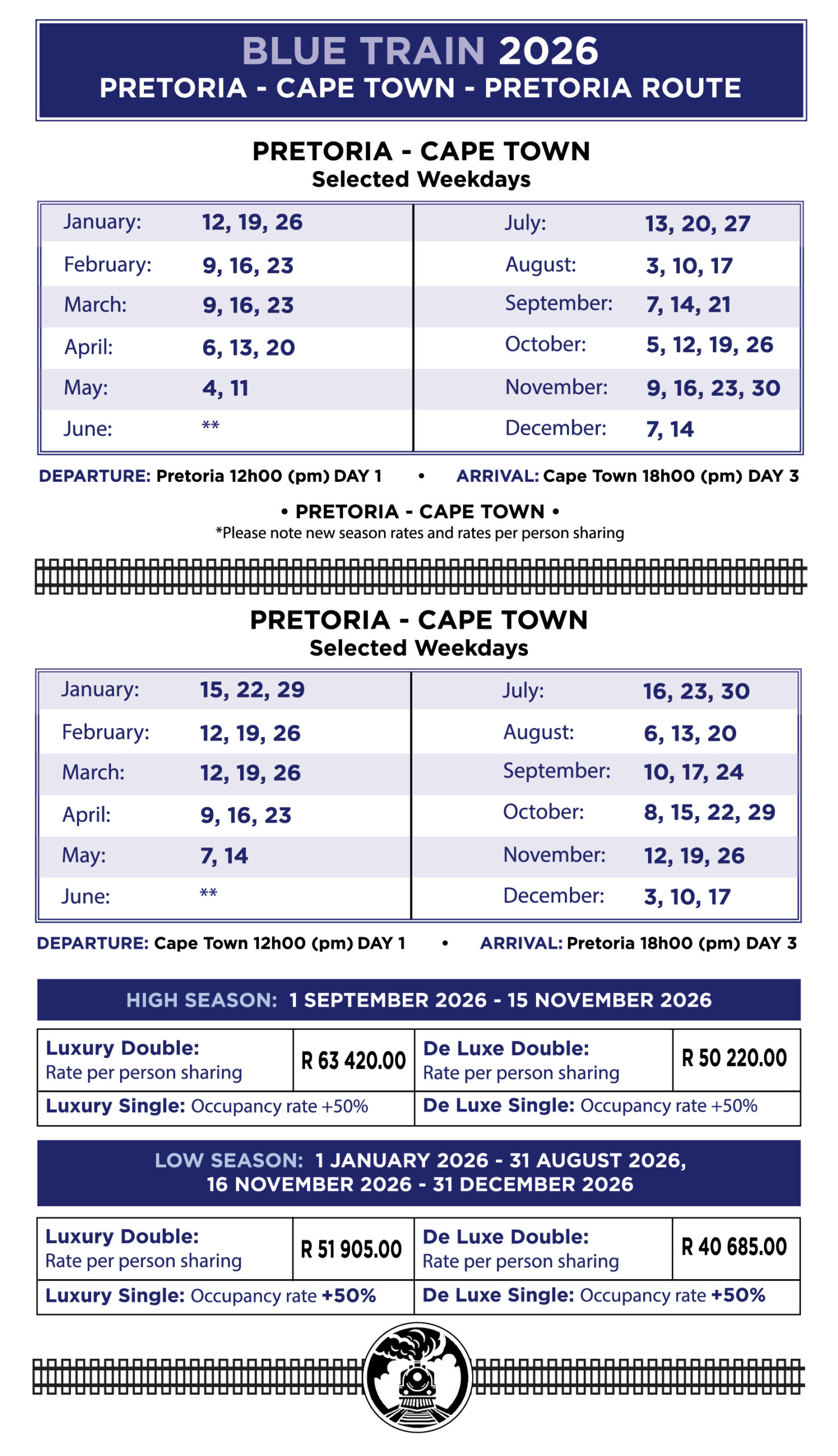 Blue Train prices 2026
