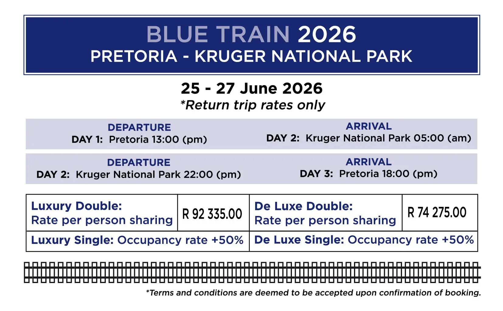 Blue Train 2026 Pretoria and Kruger National Park Rates Table